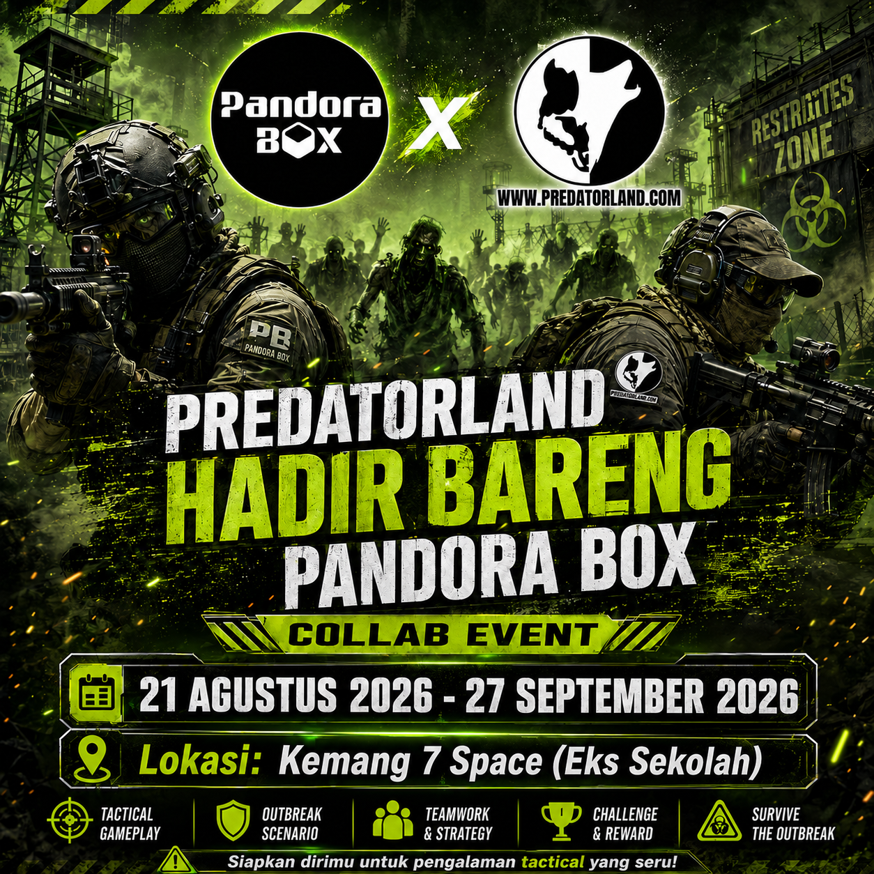 Predatorland x Pandora Box event information flyer